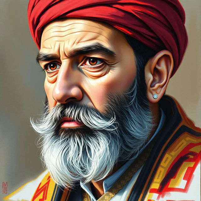 A detailed portrait of Qazi Mohammad, the leader of Kurdistan, featuring a blend of sketch technique and oil painting