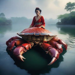 A hyper-realistic image features an exceptionally beautiful young Asian girl, clad in traditional Indonesian attire, riding atop a massive giant crab