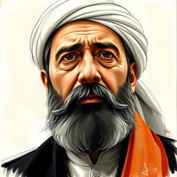 A detailed portrait of Qazi Mohammad, the leader of Kurdistan, featuring a blend of sketch technique and oil painting