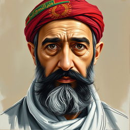 A detailed portrait of Qazi Mohammad, the leader of Kurdistan, featuring a blend of sketch technique and oil painting
