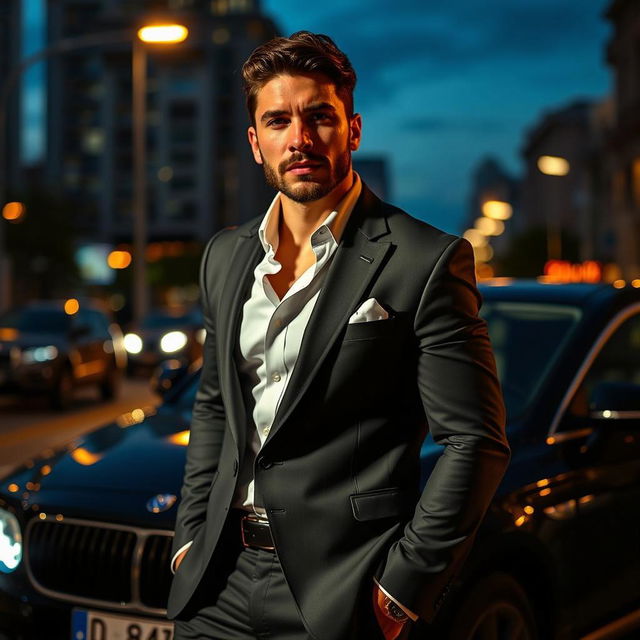 A dashing man in a slick black suit, confidently posing in an urban nighttime setting