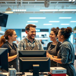 A large-format photo of a joyful tech store team, with the manager as the main subject engaging happily with the staff around the cash register