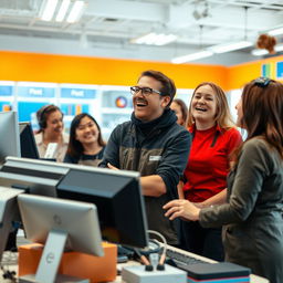 A large-format photo of a joyful tech store team, with the manager as the main subject engaging happily with the staff around the cash register