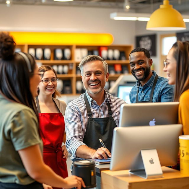 A large-format photo of a joyful tech store team, with the manager as the main subject engaging happily with the staff around the cash register