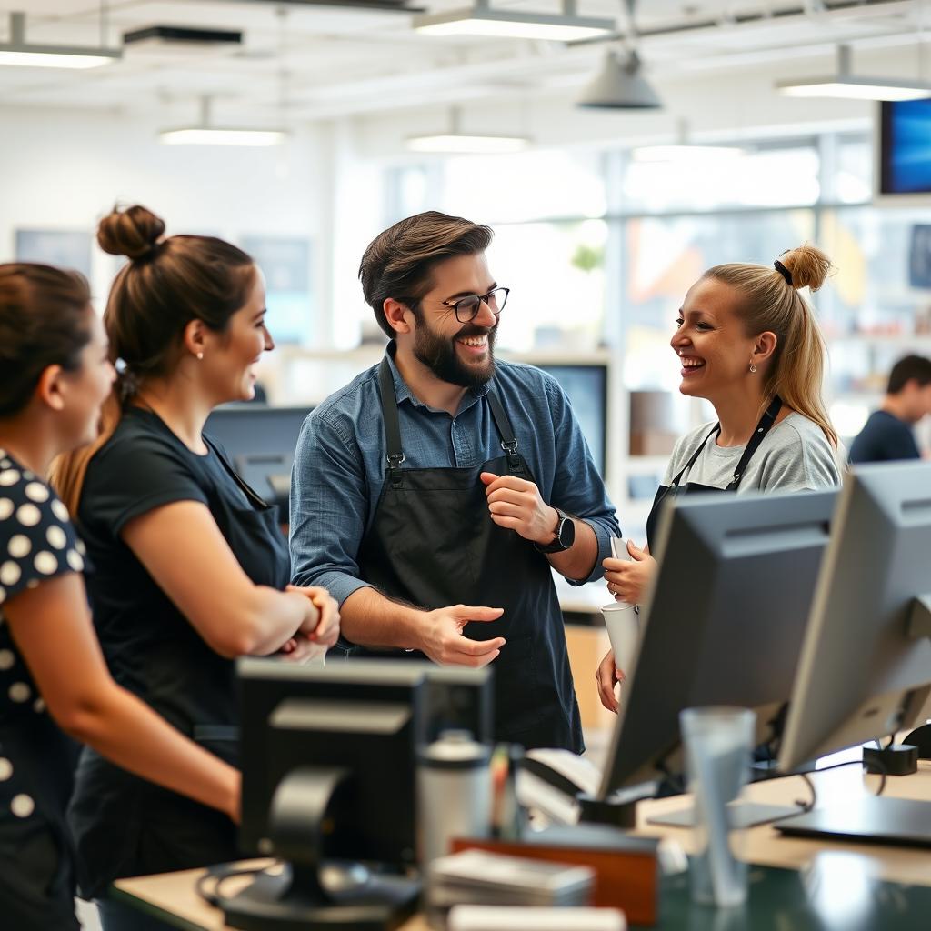 A large-format photo of a joyful tech store team, with the manager as the main subject engaging happily with the staff around the cash register