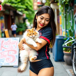 A stylish Asian girl of Indonesian and Japanese heritage, wearing a trendy mini short skirt and a fitted AC Milan crop top jersey that accentuates her belly button piercing