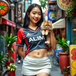 A stylish Asian girl of Indonesian and Japanese heritage, wearing a trendy mini short skirt and a fitted AC Milan crop top jersey that accentuates her belly button piercing