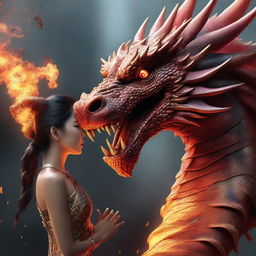 A hyper-realistic digital art featuring a stunningly beautiful Asian girl worshipping a colossal fire-element dragon