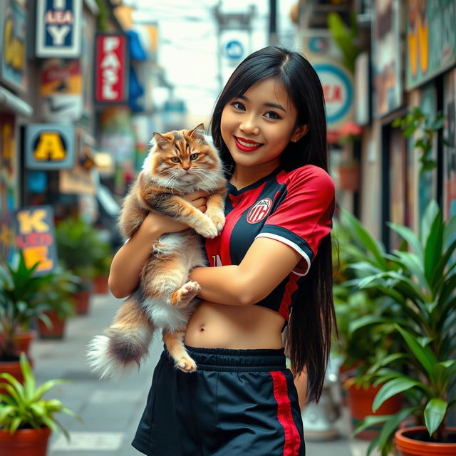 A stylish Asian girl of Indonesian and Japanese heritage, wearing a trendy mini short skirt and a fitted AC Milan crop top jersey that accentuates her belly button piercing