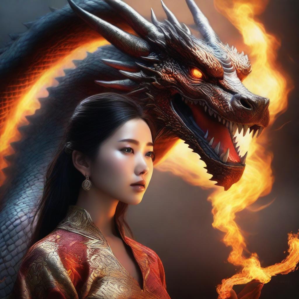 A hyper-realistic digital art featuring a stunningly beautiful Asian girl worshipping a colossal fire-element dragon