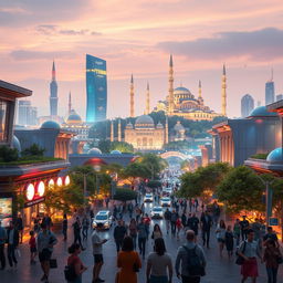 A futuristic depiction of Iran ten years from now, showcasing a vibrant and advanced Tehran skyline, with modern architecture blending traditional Persian designs and lush greenery throughout the city