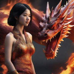 A hyper-realistic digital art featuring a stunningly beautiful Asian girl worshipping a colossal fire-element dragon