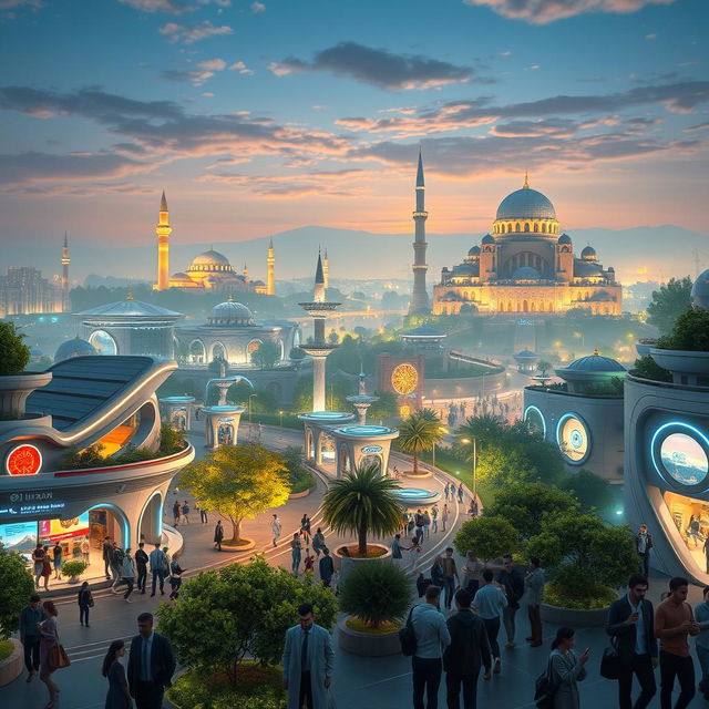 A futuristic depiction of Iran ten years from now, showcasing a vibrant and advanced Tehran skyline, with modern architecture blending traditional Persian designs and lush greenery throughout the city