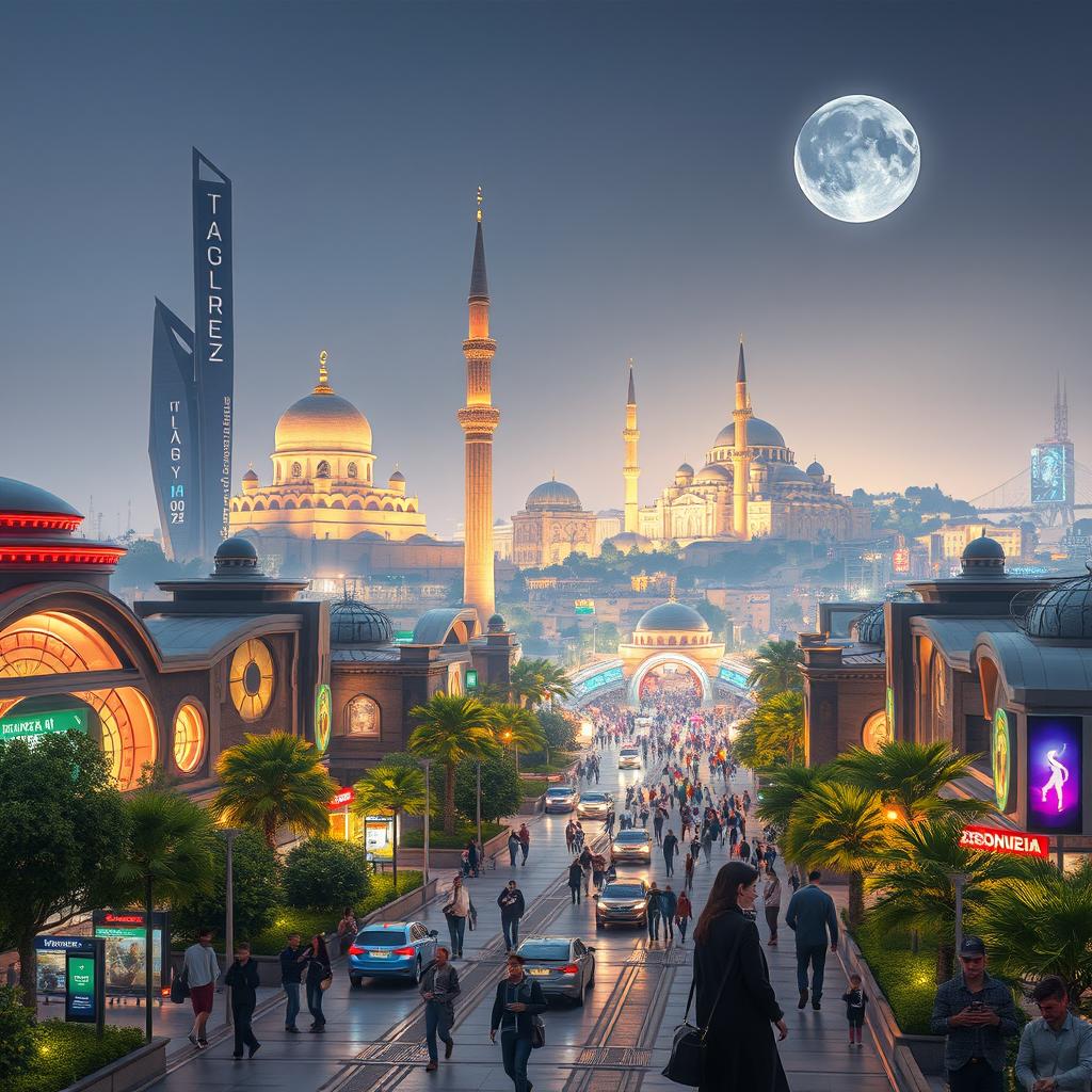 A futuristic depiction of Iran ten years from now, showcasing a vibrant and advanced Tehran skyline, with modern architecture blending traditional Persian designs and lush greenery throughout the city