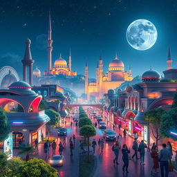 A futuristic depiction of Iran ten years from now, showcasing a vibrant and advanced Tehran skyline, with modern architecture blending traditional Persian designs and lush greenery throughout the city