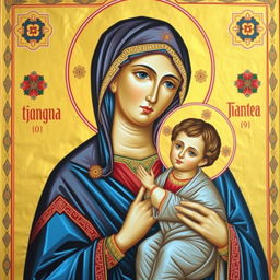 An Orthodox church icon depicting a serene and beautifully adorned Virgin Mary holding the baby Jesus