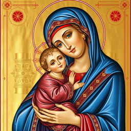 An Orthodox church icon depicting a serene and beautifully adorned Virgin Mary holding the baby Jesus