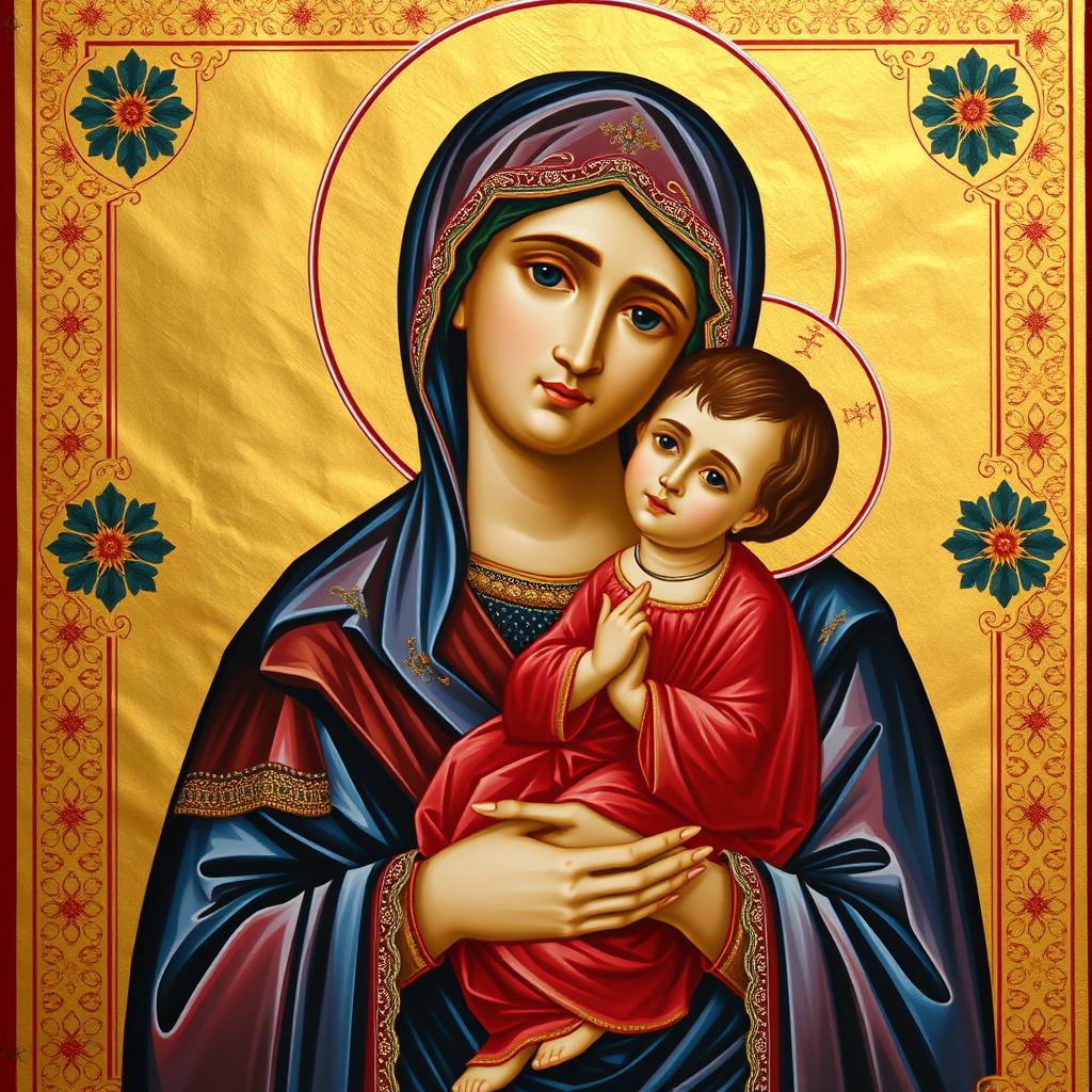 An Orthodox church icon depicting a serene and beautifully adorned Virgin Mary holding the baby Jesus