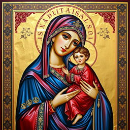 An Orthodox church icon depicting a serene and beautifully adorned Virgin Mary holding the baby Jesus