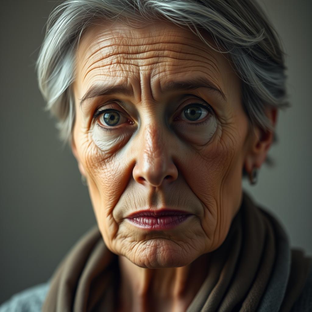 A hyper-realistic portrait of a middle-aged woman with deep, soulful eyes that convey emotion