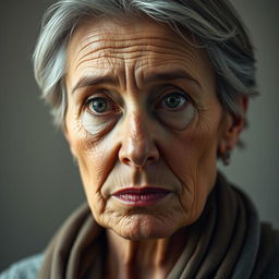 A hyper-realistic portrait of a middle-aged woman with deep, soulful eyes that convey emotion