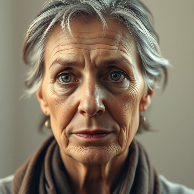 A hyper-realistic portrait of a middle-aged woman with deep, soulful eyes that convey emotion