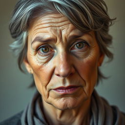 A hyper-realistic portrait of a middle-aged woman with deep, soulful eyes that convey emotion