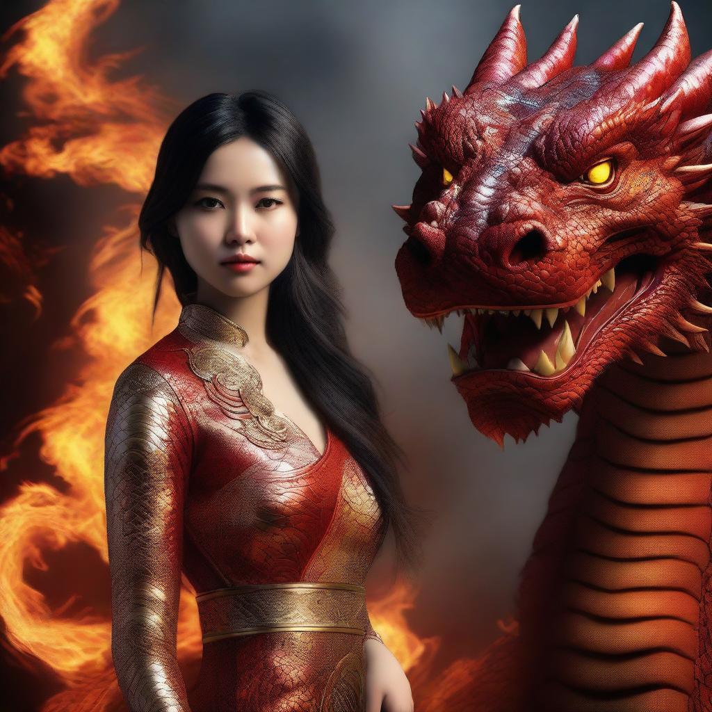 A hyper-realistic digital art depicting a remarkably beautiful Asian girl alongside a gigantic fire-element dragon