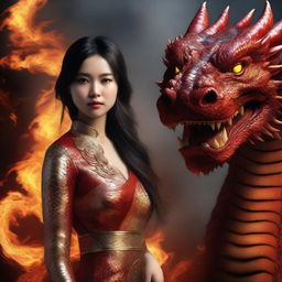 A hyper-realistic digital art depicting a remarkably beautiful Asian girl alongside a gigantic fire-element dragon