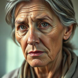 A hyper-realistic portrait of a middle-aged woman with deep, soulful eyes that convey emotion