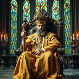 A majestic king seated on an ornate throne, wearing a luxurious golden robe adorned with intricate patterns