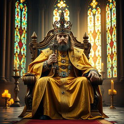 A majestic king seated on an ornate throne, wearing a luxurious golden robe adorned with intricate patterns