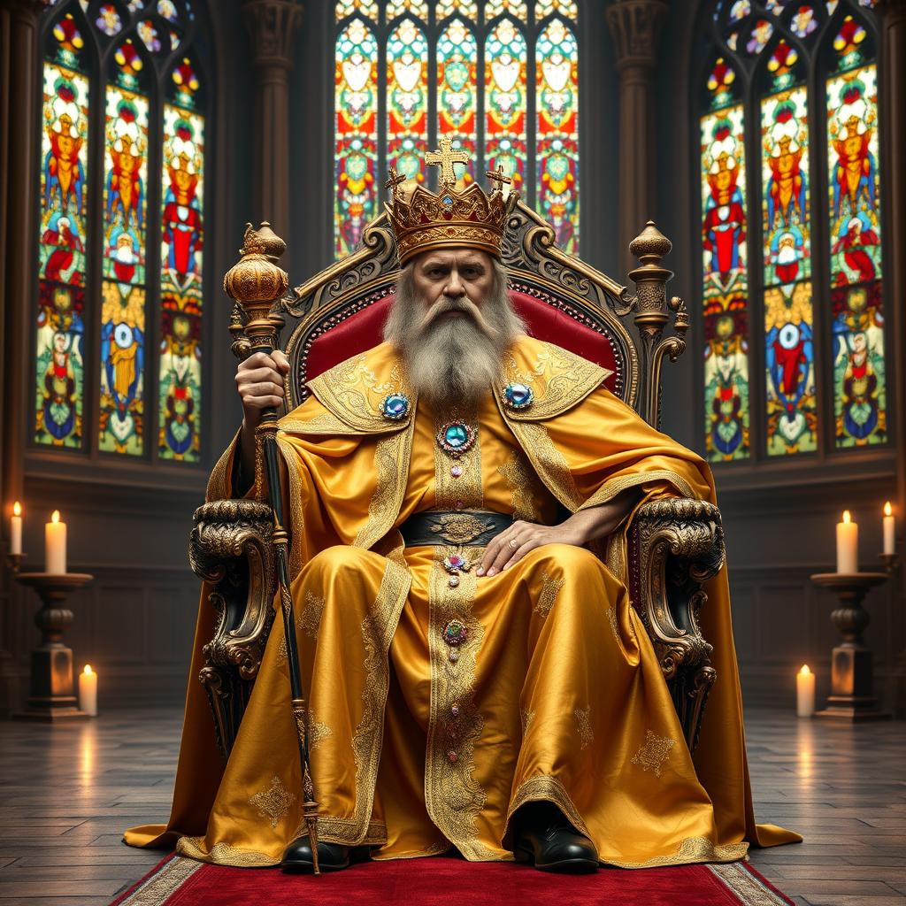 A majestic king seated on an ornate throne, wearing a luxurious golden robe adorned with intricate patterns