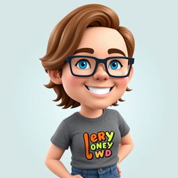 A custom Bitmoji character inspired by a photo of a person: the Bitmoji features a person with medium-length wavy brown hair, wearing stylish rectangular glasses