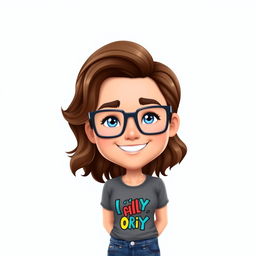A custom Bitmoji character inspired by a photo of a person: the Bitmoji features a person with medium-length wavy brown hair, wearing stylish rectangular glasses