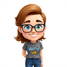 A custom Bitmoji character inspired by a photo of a person: the Bitmoji features a person with medium-length wavy brown hair, wearing stylish rectangular glasses