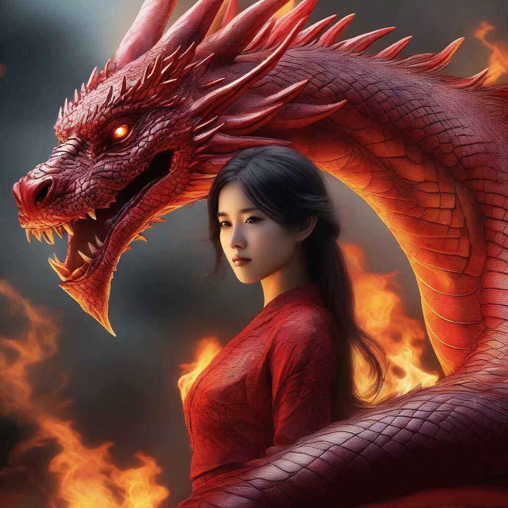 A hyper-realistic digital art depicting a remarkably beautiful Asian girl alongside a gigantic fire-element dragon