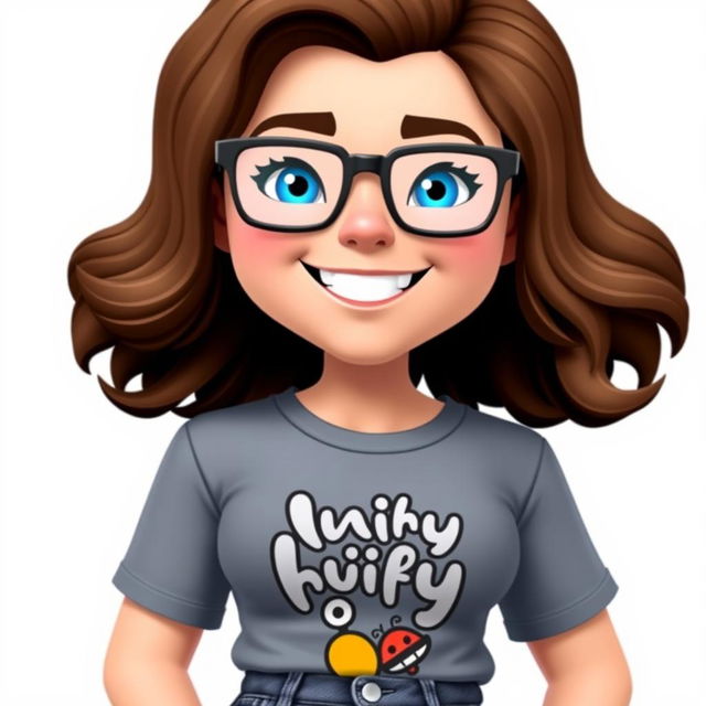 A custom Bitmoji character inspired by a photo of a person: the Bitmoji features a person with medium-length wavy brown hair, wearing stylish rectangular glasses