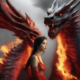 A hyper-realistic digital art depicting a remarkably beautiful Asian girl alongside a gigantic fire-element dragon