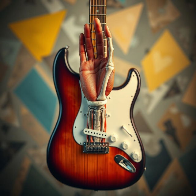 A surreal and artistic representation of a guitar where the neck of the guitar is visually transformed into a hand that has been dissected