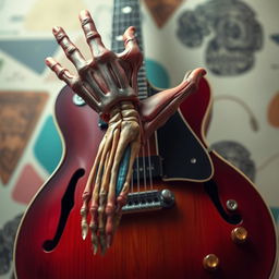 A surreal and artistic representation of a guitar where the neck of the guitar is visually transformed into a hand that has been dissected