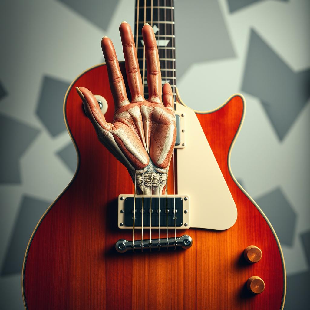 A surreal and artistic representation of a guitar where the neck of the guitar is visually transformed into a hand that has been dissected