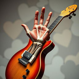 A surreal and artistic representation of a guitar where the neck of the guitar is visually transformed into a hand that has been dissected