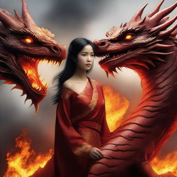 A hyper-realistic digital art depicting a remarkably beautiful Asian girl alongside a gigantic fire-element dragon