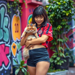 A stylish Asian girl of Indonesian and Japanese heritage, dressed in a trendy mini short skirt and a cropped AC Milan jersey that showcases her belly button piercing