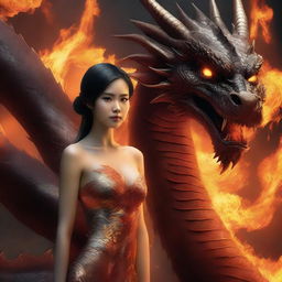 A hyper-realistic digital art capturing a strikingly beautiful Asian girl standing in front of a massive fire-element dragon