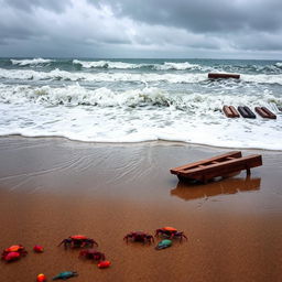 A dramatic seaside scene, showcasing a turbulent sea with crashing waves, creating a symphony of noise from the foamy surf