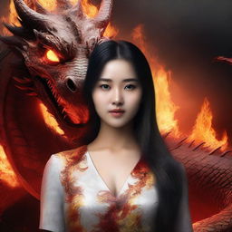 A hyper-realistic digital art capturing a strikingly beautiful Asian girl standing in front of a massive fire-element dragon