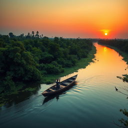 A breathtaking view of the Sundarbans, showcasing the lush green mangrove forests and a serene river winding through the landscape