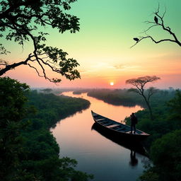 A breathtaking view of the Sundarbans, showcasing the lush green mangrove forests and a serene river winding through the landscape